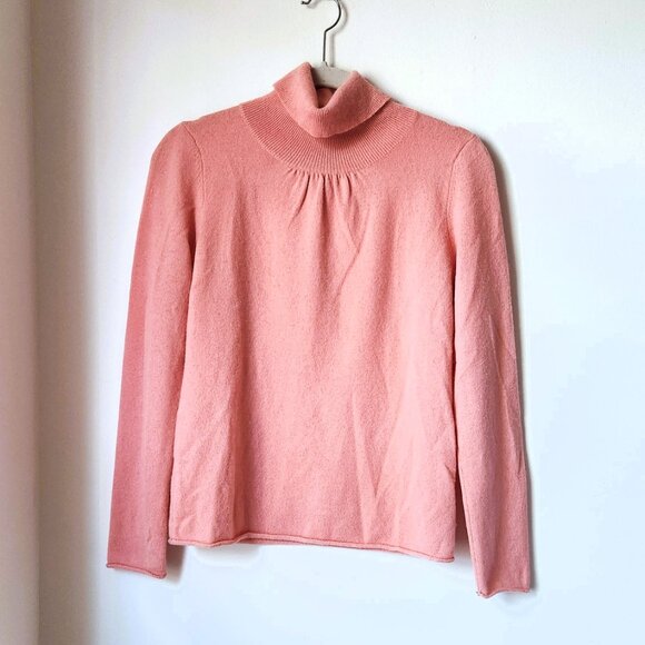EVELYN GRACE Cashmere Sz Small Coral Pink Turtleneck Sweater Top Rolled sleeve - Picture 2 of 13
